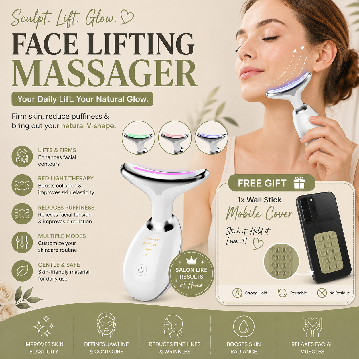 Latest Model with 3 LED modes LED Facial Massager + (Free Mobile Stick Cover) | Face & Neck Lifting & Skin Tightening Tool